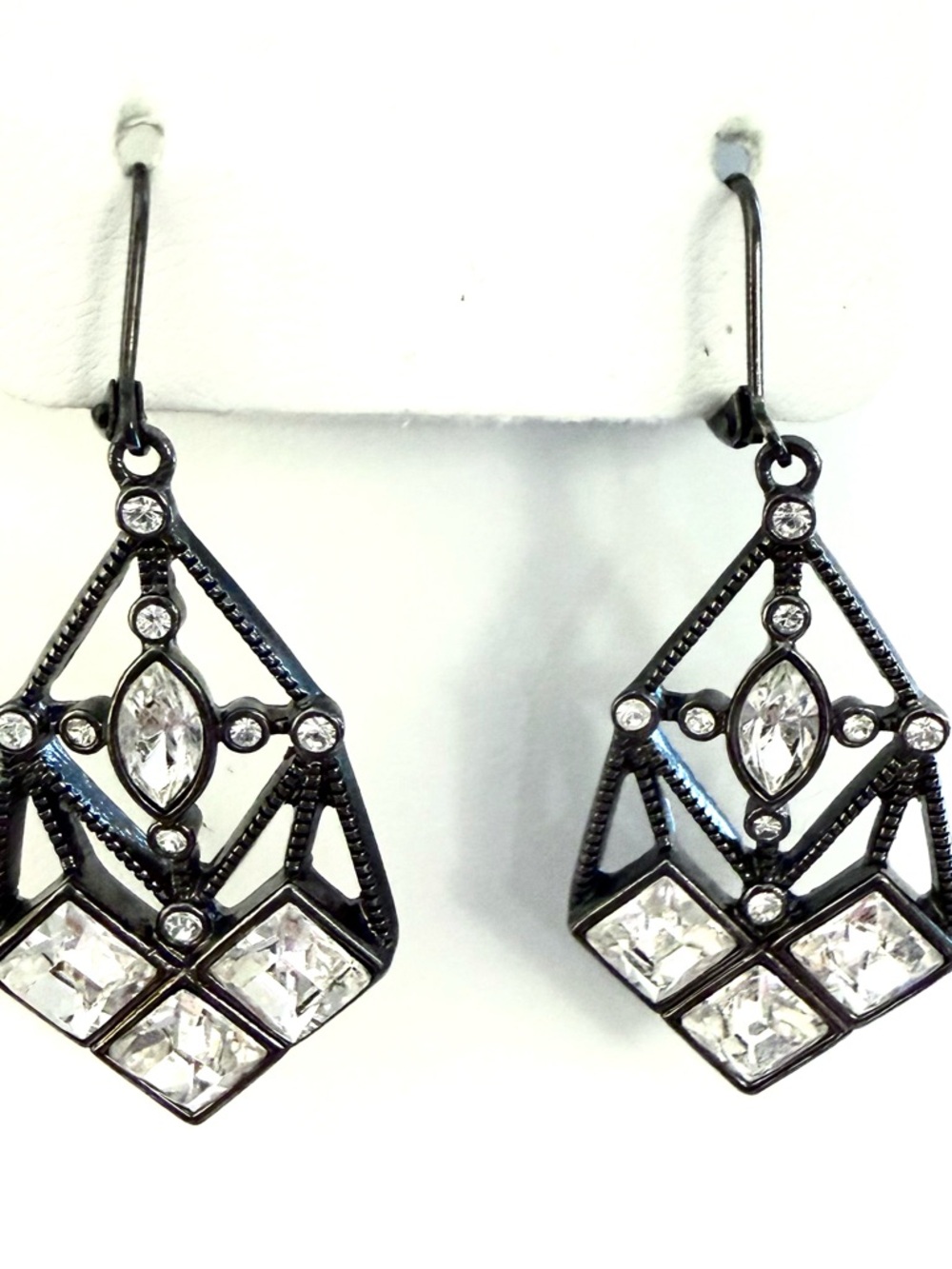 Vintage GIVENCHY Gunmetal Rhinestone Drop Earrings Art Deco Geometric Signed